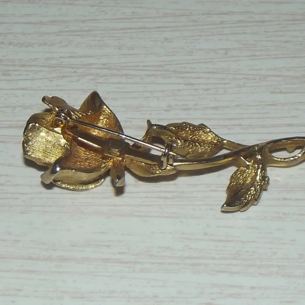 Brooch Gold 3D Rose Stem Realistic Crystals‎ Broche Pin for Jacket coat Vintage